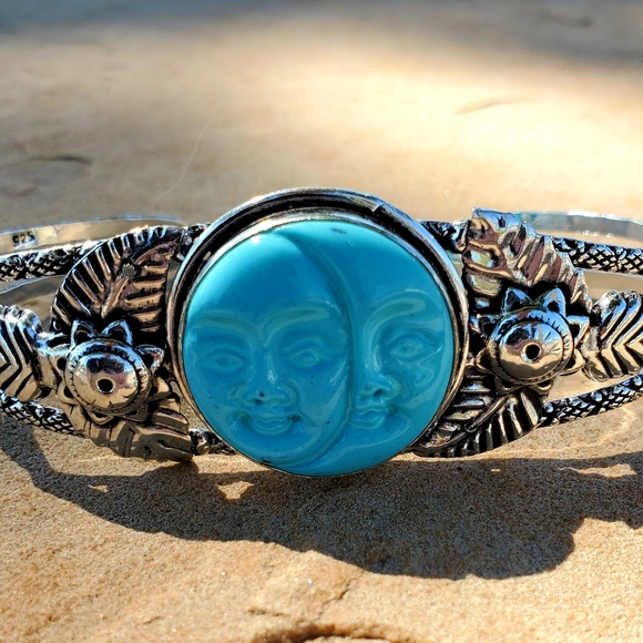 New Carved Double Moon Face 925 Silver Bracelet. - Picture 2 of 12